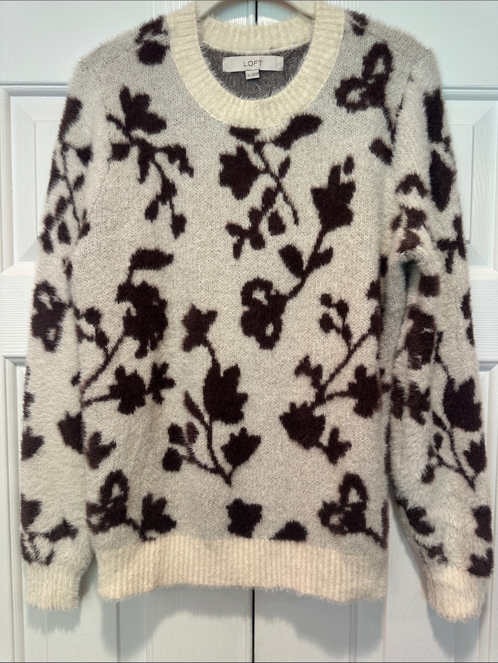 LOFT Cream Fuzzy Crewneck Sweater with Brown Floral Motif size XS